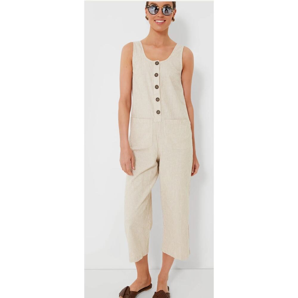 Marine Layer Beige Striped Sleeveless Button Jumpsuit